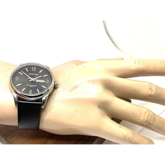 Armitron Men's Watch 20/5048SV Black Dial Day Date Quartz Leather Strap 40mm - Picture 4 of 14